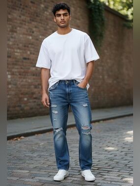 CRAIG JORDAN #JE6589 Straight Fit Distressed Jeans W32 L32 Medium Wash GUC